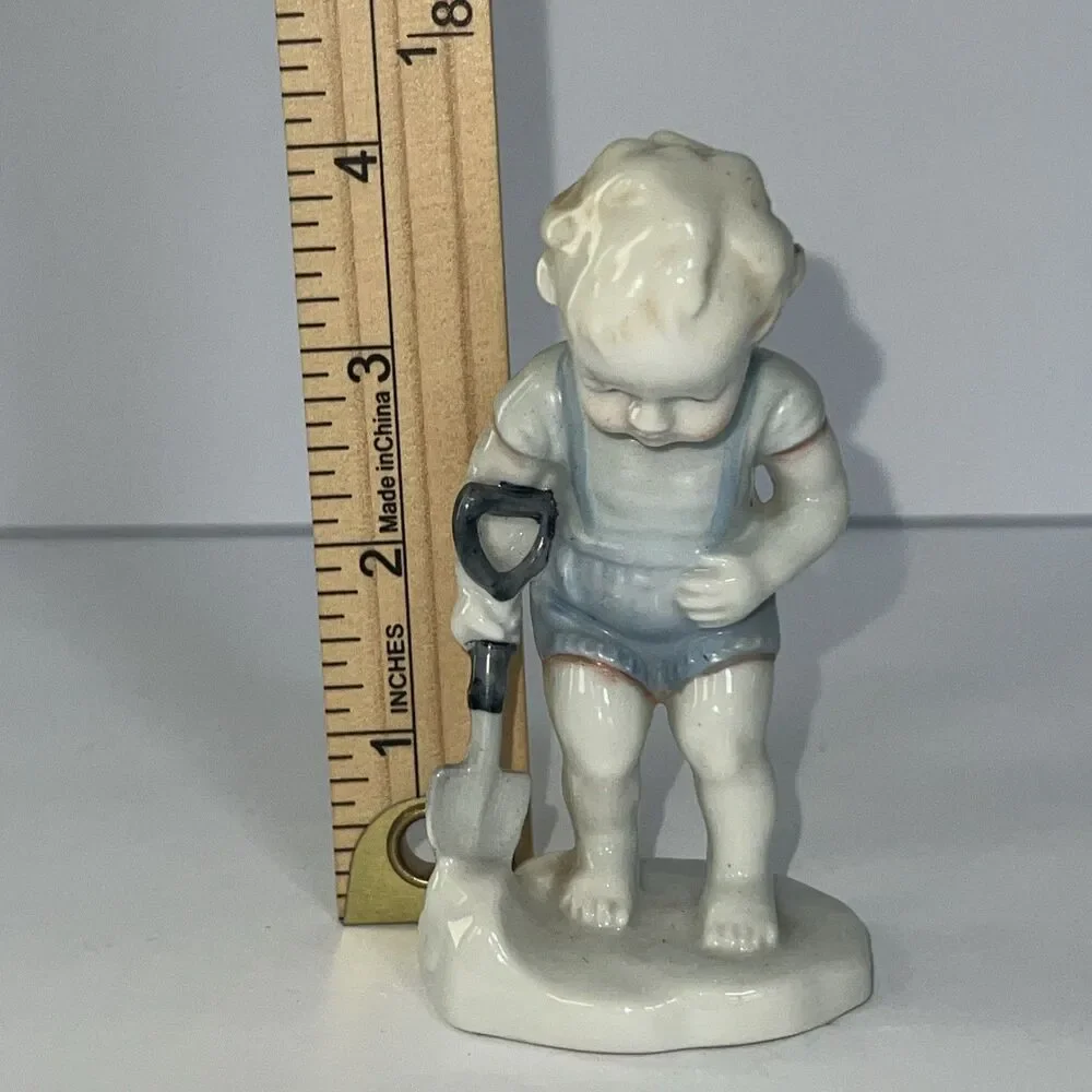 Vintage Porcelain Little Boy With Shovel Overalls Knickknack Made In Japan